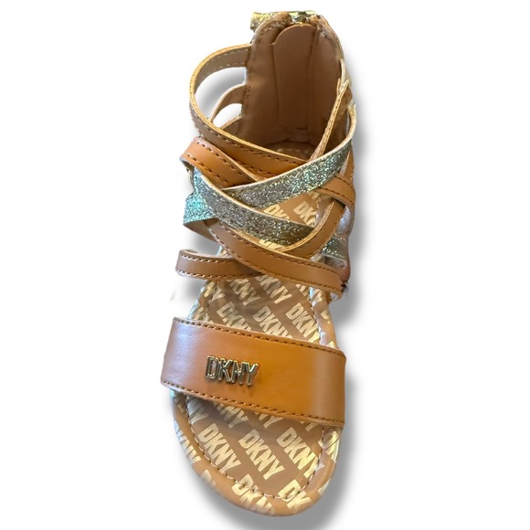 NIB DKNY Hudson Cross Gladiator Sandals Glitter Straps Zipper Cognac Sz 9 kids - Picture 10 of 14
